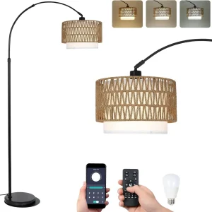 Arc Floor Lamp Modern LED Dimmable Standing Lamp with Rattan & Linen Shades